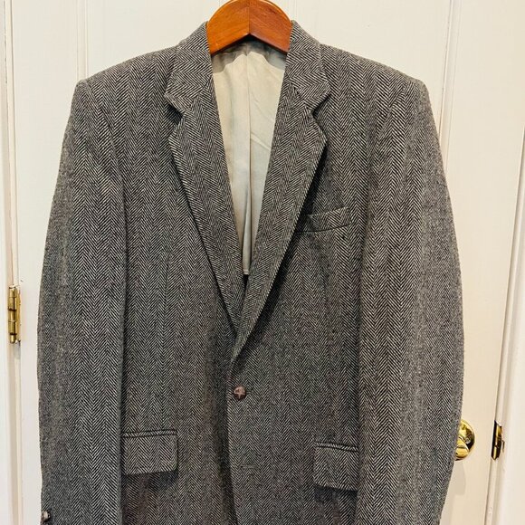 Vintage Hagger Gray Harringbone Sport Coat Leather Button Patch Pocket 42 L - Picture 3 of 16